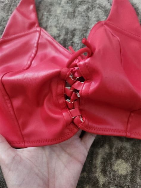 Faux Leather Pu Devil Horns Gothic Corset Lace Up Bustier Bra Crop Top