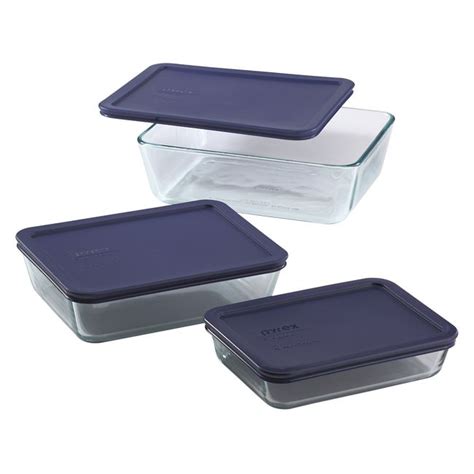 6 Piece Rectangular Glass Food Storage Container Set With Blue Lids Pyrex