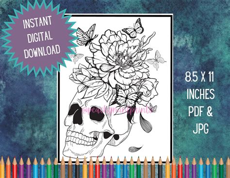 skull  butterflies coloring page sheet instant  printable