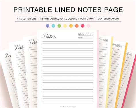 printable lined notes printable notes page printable notes etsy uk