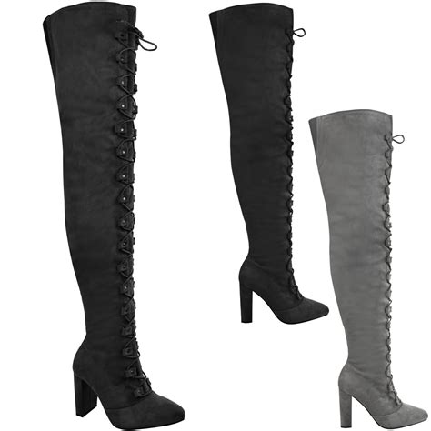 womens ladies thigh high over the knee boots lace up block heels winter