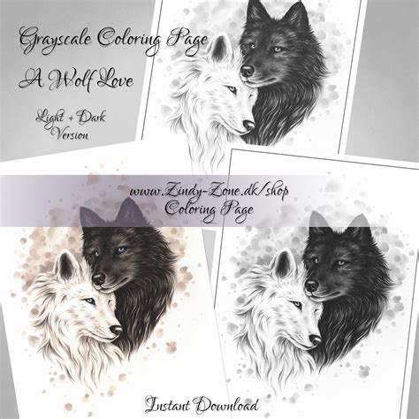 wolf love coloring page grayscale  zindyzone shop