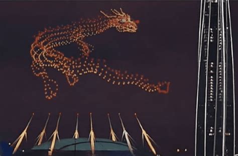 video shows  drones creating  giant dragon   night sky
