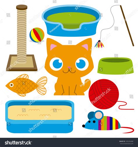 Vector Cartoon Adorable Cat With Different Toys And