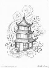 Pagoda Temples Tatuagem Templo Artísticas Pagode Asien Dragão sketch template