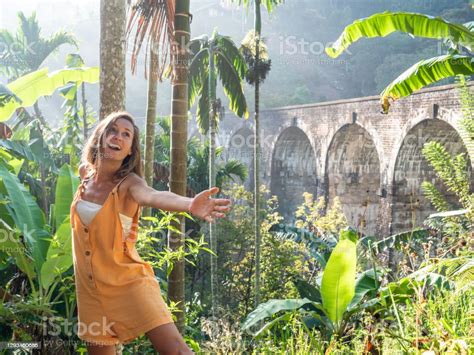 Happy Woman Wanders In Tropical Jungle She Explores Sri Lanka Stock
