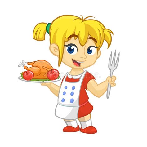 cartoon girl serving roasted thanksgiving turkey dish