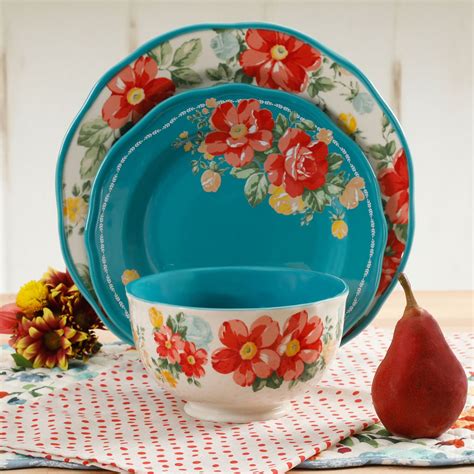 The Pioneer Woman Vintage Floral 12 Piece Dinnerware Set Teal Lupon