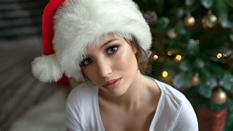 wallpaper women santa hats face portrait christmas tree depth of