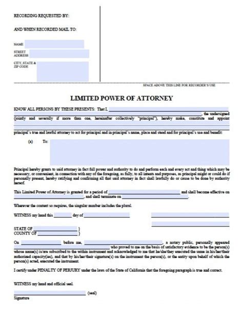 california limited special power  attorney form power  attorney