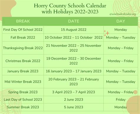 horry county schools calendar  holidays