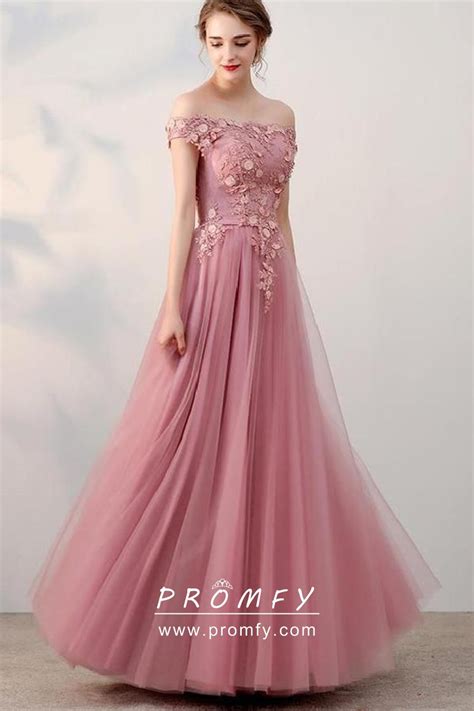 rose pink lace and tulle off the shoulder prom dress promfy