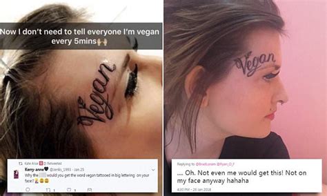 tattoo fan has the word vegan inked across her face