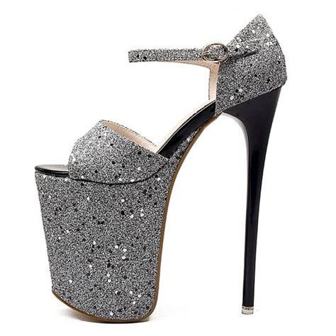 silver glitter bling bling platforms stiletto super high heels shoes