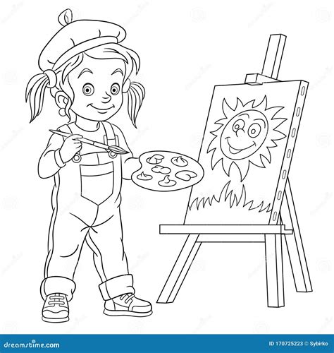 coloring page  girl drawing painting artist stock vector