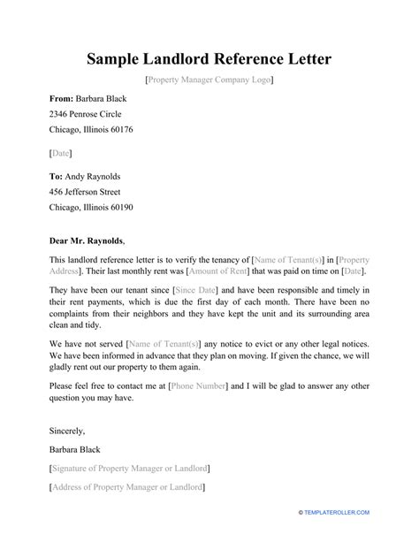 sample landlord reference letter  printable  templateroller