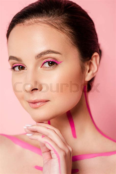 Portrait Of Naked Beautiful Woman With Pink Lines On Body Isolated On