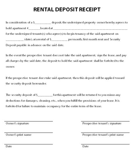 printable  rental deposit receipt template