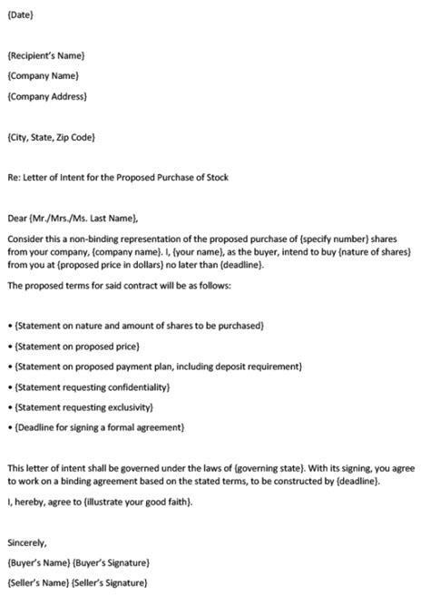 stock shares purchase letter  intent template  ms word