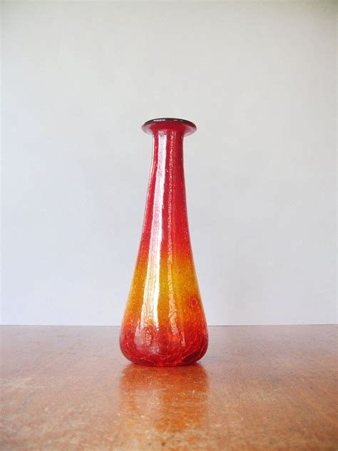 Mid Century Blenko Glass Red Orange Tangerine Crackle Vase Etsy