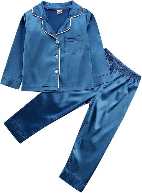 kids satin pajamas set pjs long sleeve button  sleepwear loungewear classic button front pjs
