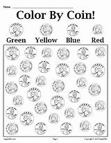 Coin Worksheet Color Money Printable Coins Recognition Simple Preschoolers Using Primary sketch template