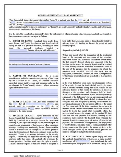 printable georgia lease agreement   calendar printable