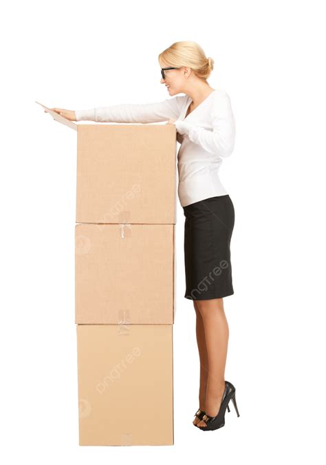 attractive businesswoman with big boxes joyful worker containers