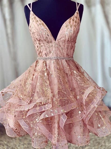 Sparkly Pink Sweet 16 Dress V Neck Beaded Short Prom Dress With Lace Up