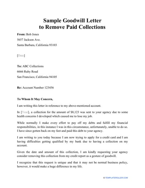 sample goodwill letter  remove paid collections fill  sign