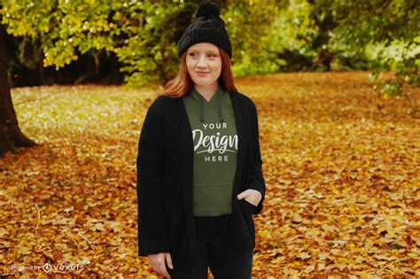 Autumn Ginger Girl With Beanie Hoodie Mockup Psd Editable Template