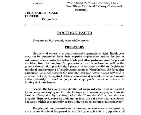 position paper  philippines sample position paper labor case