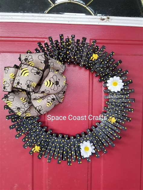 bumblebee black and yellow polka dot daisy clothespin front door wreath