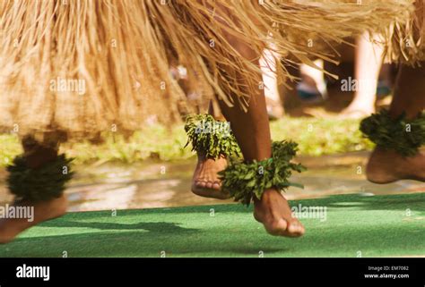 hawaii oahu close   hula dancer feet  grass skirts stock