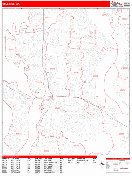 Bellevue Washington Zip Code Wall Map Red Line Style By