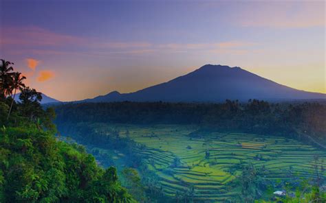 Download Wallpapers Bali 4k Sunset Volcano Rice Fields Benoa