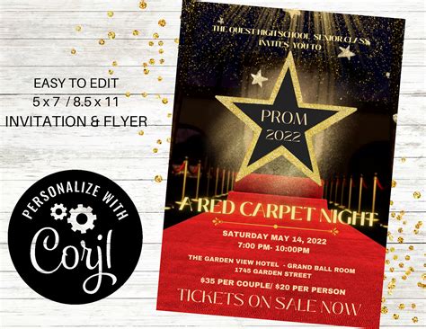 red carpet dance invitation flyer hollywood editable prom etsy