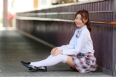 Image Skirt Knee Highs Bokeh Blouse Girls Legs Asian Sitting