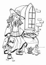Cauldron Witch Coloring Cute Illustration Halloween Stock Little sketch template