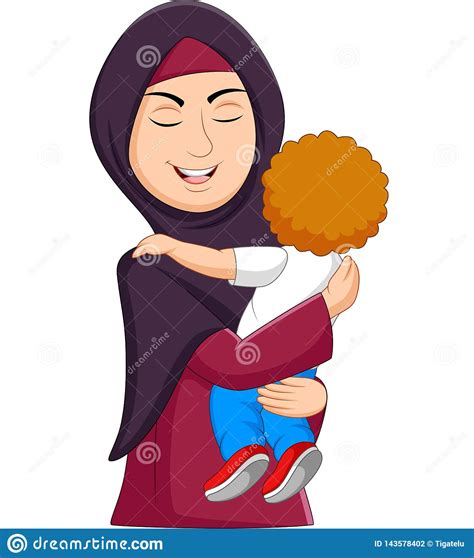 muslim mother hugging her son stock vector illustration