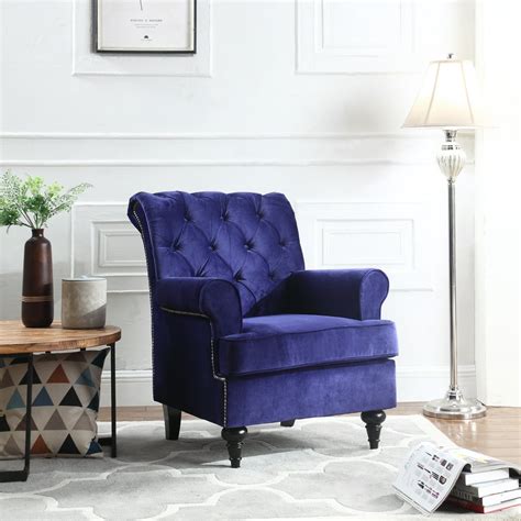traditional tufted velvet fabric accent chair living room armchair  nailheads royal blue