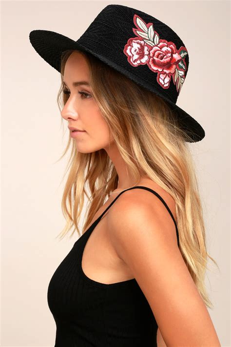 Cute Black Sunhat Fedora Hat Embroidered Hat Straw Hat Lulus