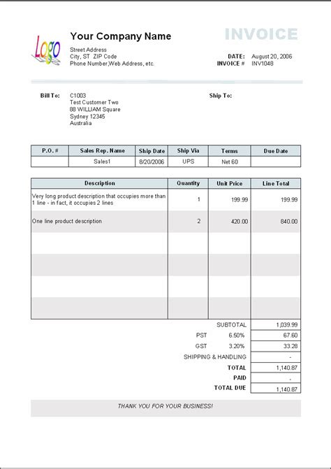 sample invoice template long product description occupying