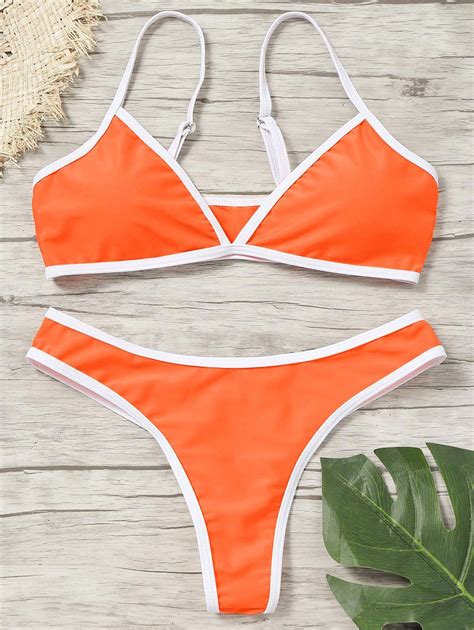 [17 Off] 2021 Contrast Trim Padded Thong Bikini Set In Fluorescent