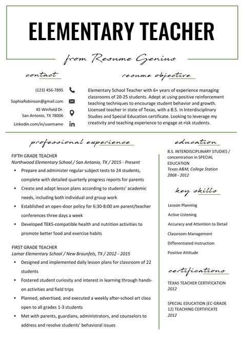 elementary teacher resume  docx word template