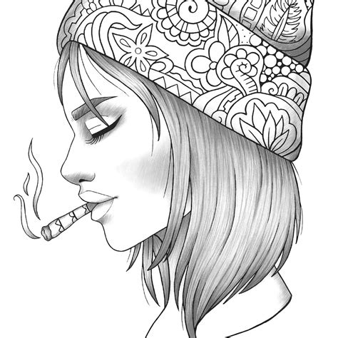 adult coloring page girl portrait  knitted cap colouring etsy