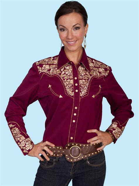 scully womens burgundy  gold embroidered yoke ls western show shirt