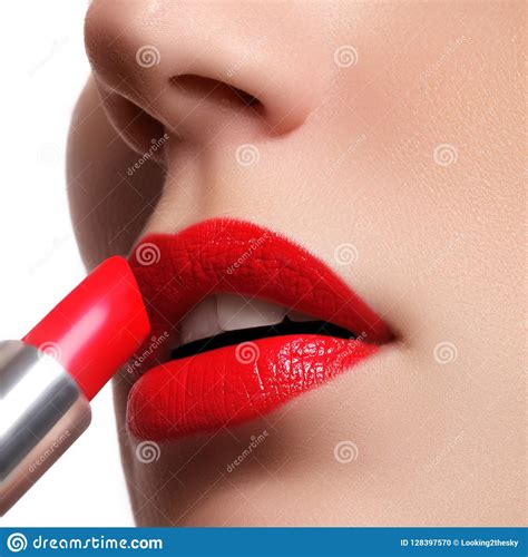 Woman Applying Lipstick Model Painted Red Lips Stock