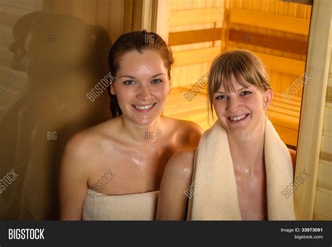 happy two women sweating sauna spa image and photo bigstock