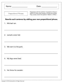prepositional phrases worksheets  homework hut tpt